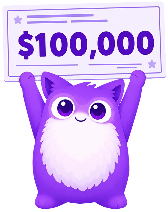 Zulti mascot celebrating a $100,000 prize on a laptop